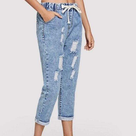 Shein Boyfriend Tapered Jeans Drawstring Waist Distressed Cropped Light Wash - Picture 1 of 11